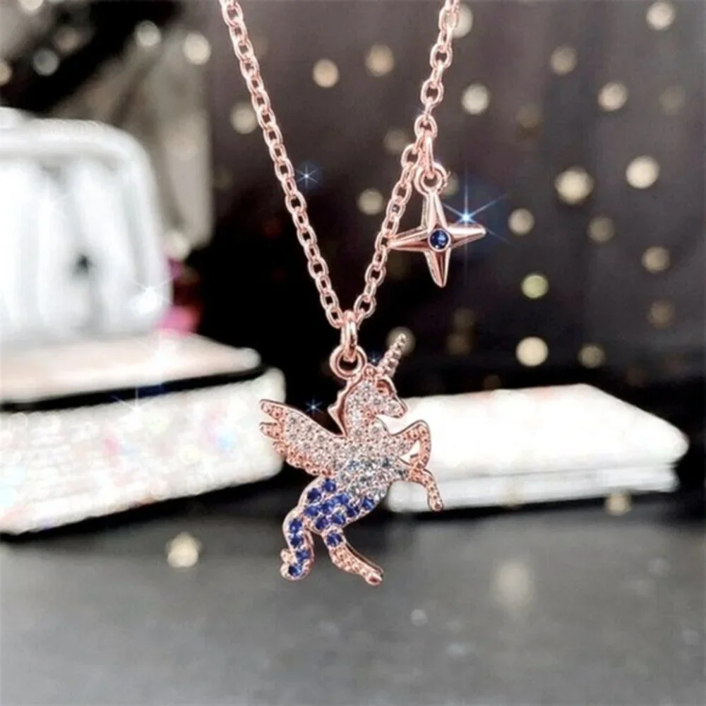 NEW 14k Rose Gold Plated 925 Silver Sapphire Unicorn Necklace